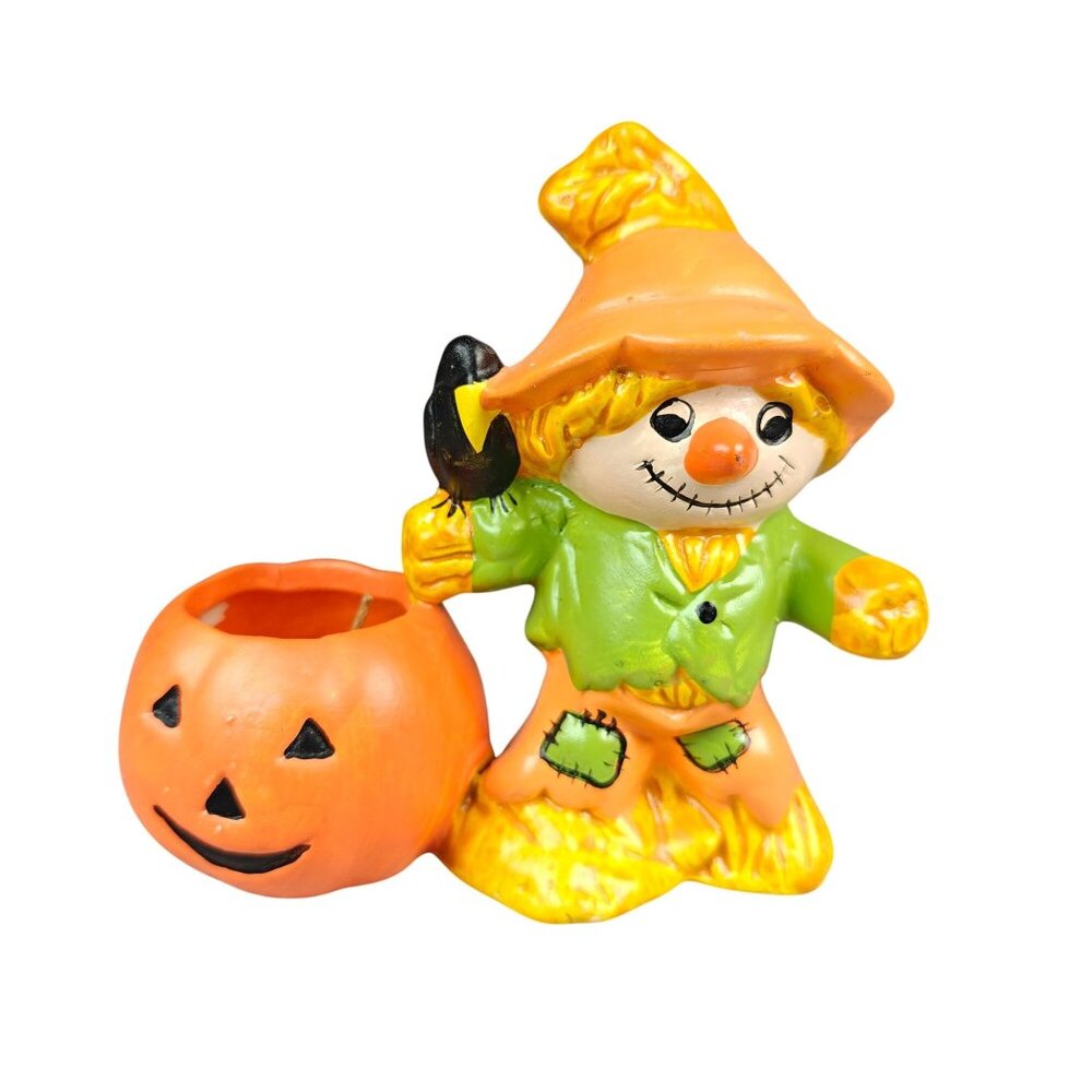 Vintage Russ Berrie Halloween Ceramic Scarecrow Pumpkin Crow Candle Figurine